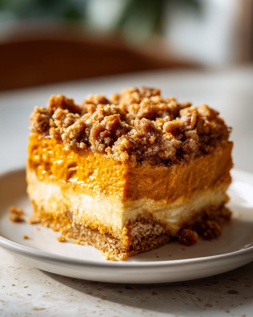 Close-up of a layered pumpkin crunch bar with a crumb topping on a white plate.