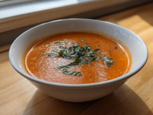 A white bowl filled with vibrant orange roasted tomato soup, garnished with fresh basil.