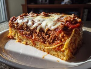 A thick, square slice of baked spaghetti pie with meat sauce and melted mozzarella cheese topping.