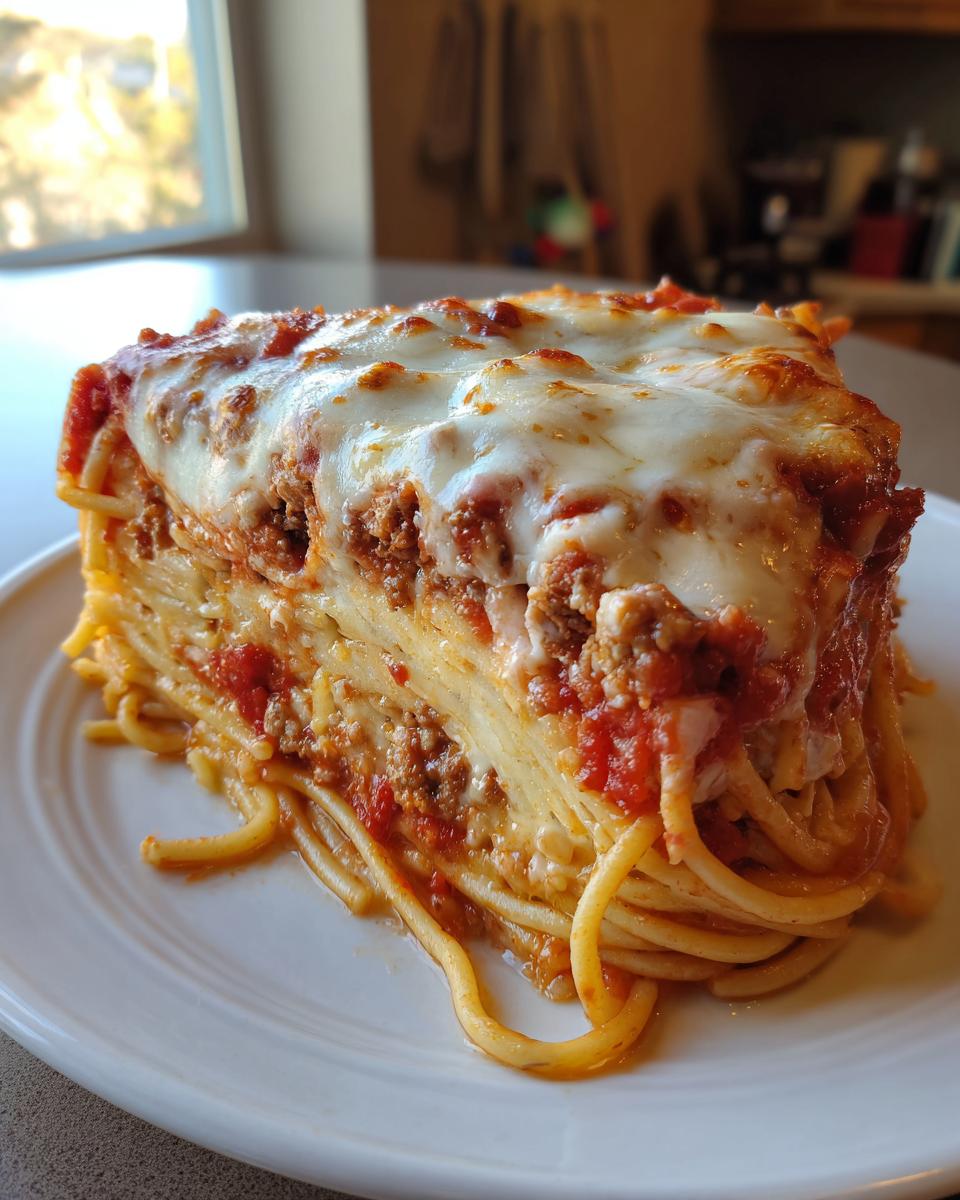 A thick, layered slice of spaghetti pie topped with melted mozzarella cheese and rich meat sauce.