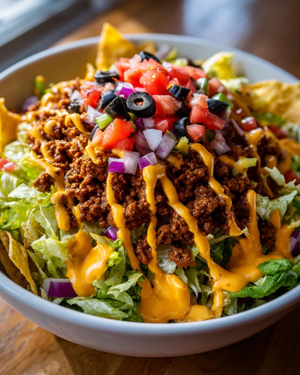 A vibrant, close-up view of an amazing taco salad featuring seasoned ground beef, shredded lettuce, diced tomatoes, olives, red onion, and drizzled with cheese sauce.