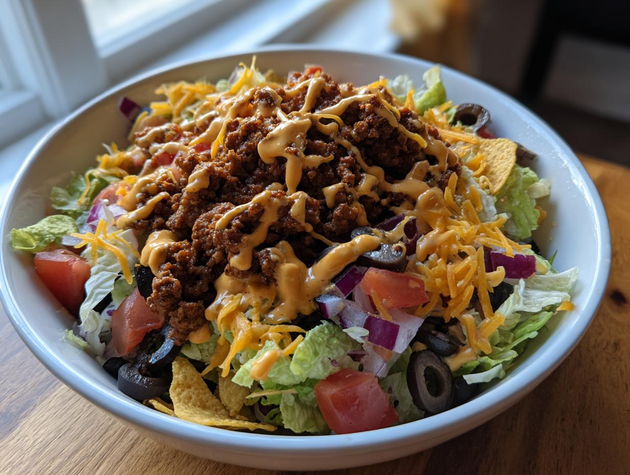 A close-up of a vibrant taco salad featuring seasoned ground beef, shredded cheese, olives, tomatoes, and dressing over lettuce.