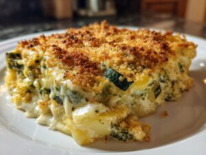 Close-up of a creamy slice of vegetable casserole featuring zucchini and potatoes, topped with a golden, crunchy breadcrumb crust.