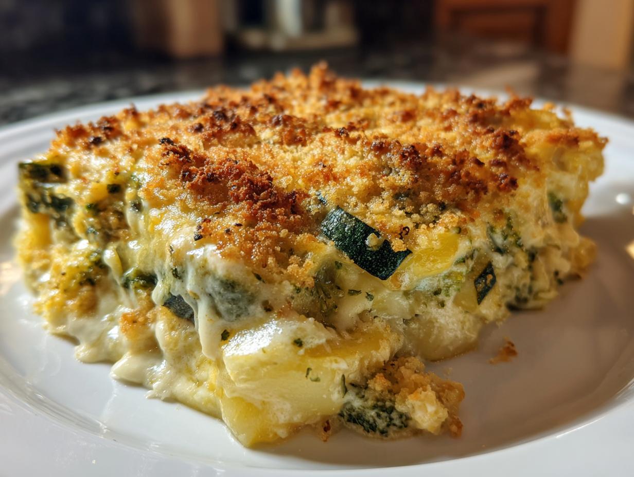 Close-up of a creamy slice of vegetable casserole featuring zucchini and potatoes, topped with a golden, crunchy breadcrumb crust.