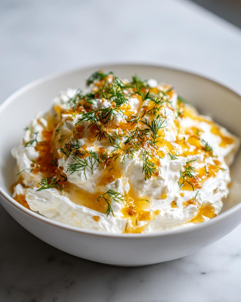 A bowl of creamy whipped feta dip topped with golden honey and fresh dill.