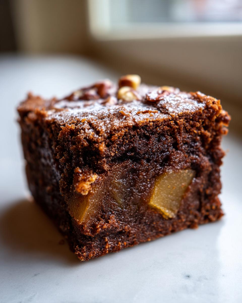 A close-up of a single, rich, dark chocolate apple brownies square topped with powdered sugar and pecans.