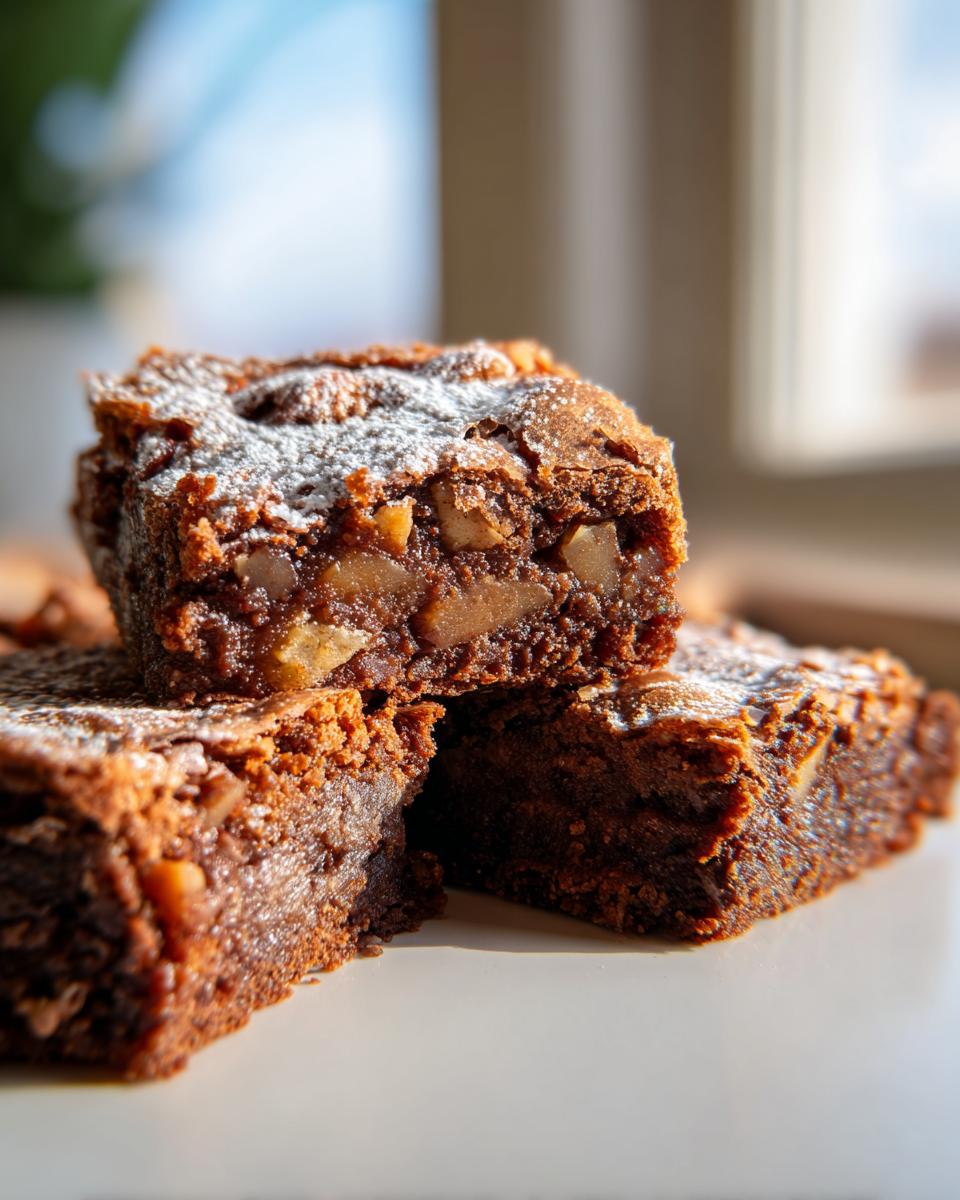 Three rich, fudgy apple brownies stacked and dusted with powdered sugar, showing chunks of apple and nuts inside.