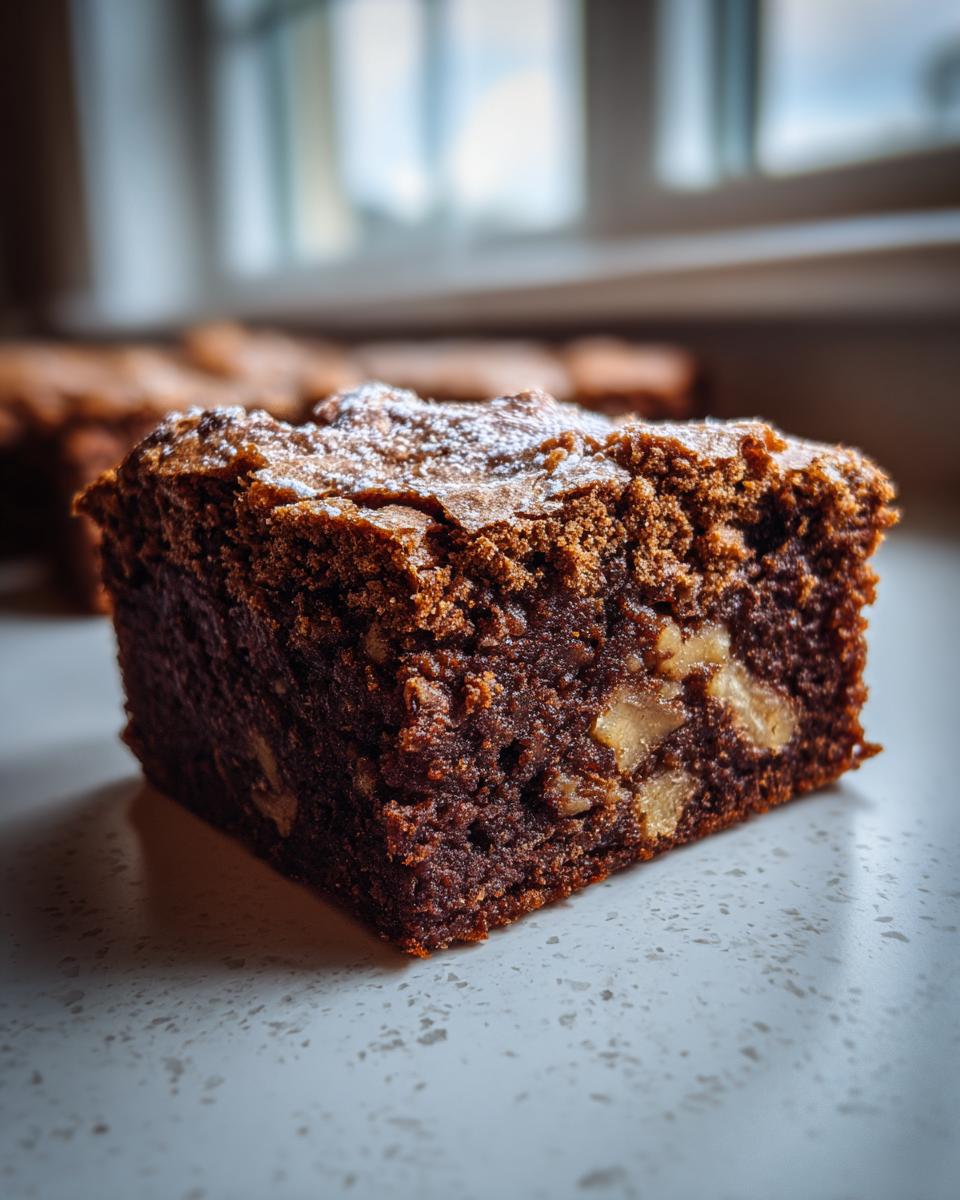 A close-up, square slice of fudgy apple brownies, showing nuts inside and a dusting of powdered sugar.