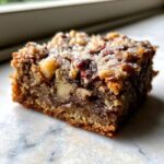 A close-up, macro shot of a single, rich apple brownie square topped with pecans and coarse sugar.