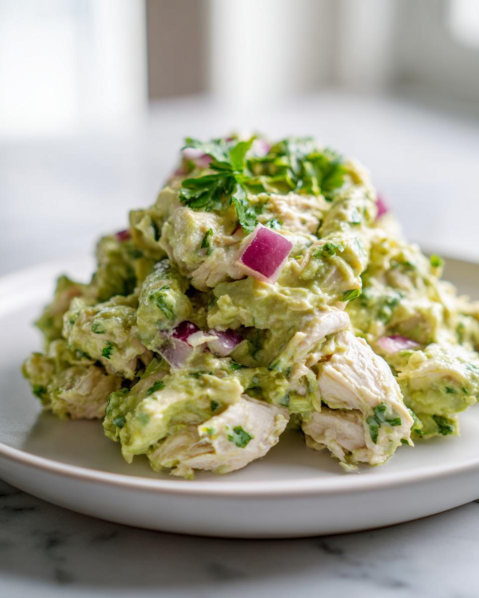 Close-up of creamy avocado chicken salad chunks mixed with red onion and topped with parsley.