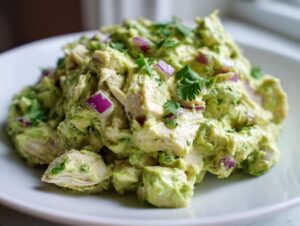 A close-up of creamy avocado chicken salad mixed with chunks of red onion and cilantro on a white plate.