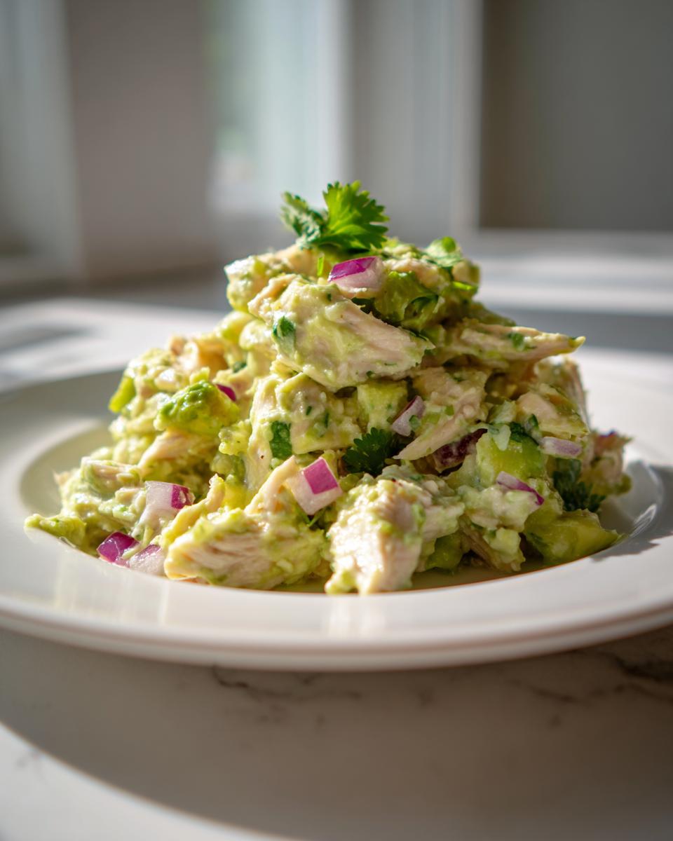 A mound of creamy avocado chicken salad mixed with chunks of chicken and red onion, garnished with cilantro.
