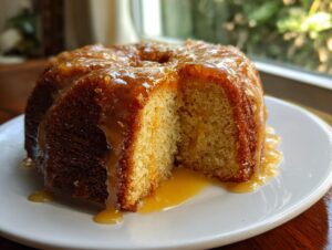 A slice cut from a moist Bacardi Rum Cake drizzled heavily with a golden rum glaze, sitting on a white plate.