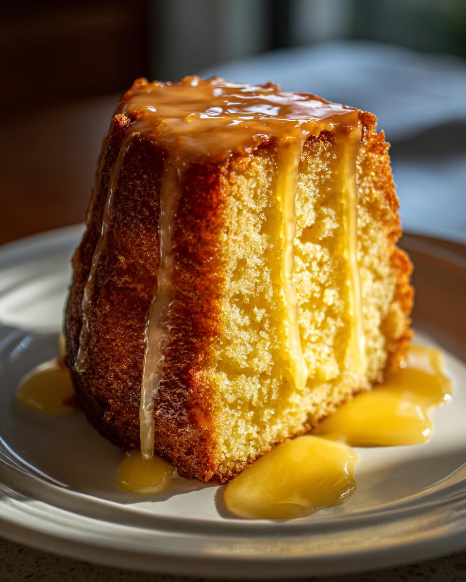 A moist slice of Bacardi Rum Cake topped with a thick, dripping caramel glaze on a white plate.