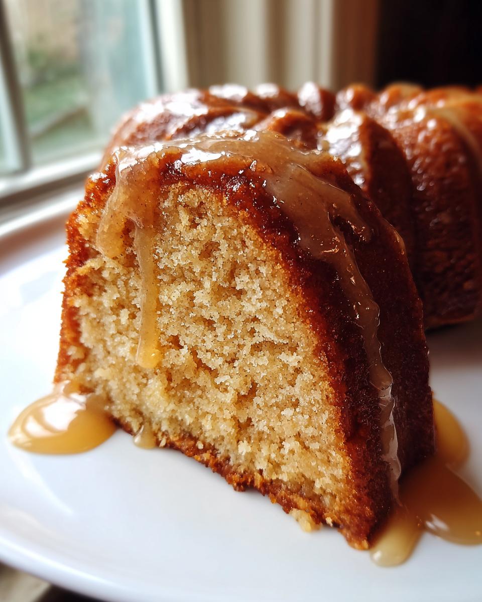 Close-up of a slice of moist bacardi rum cake drizzled with a thick, caramel-colored glaze.