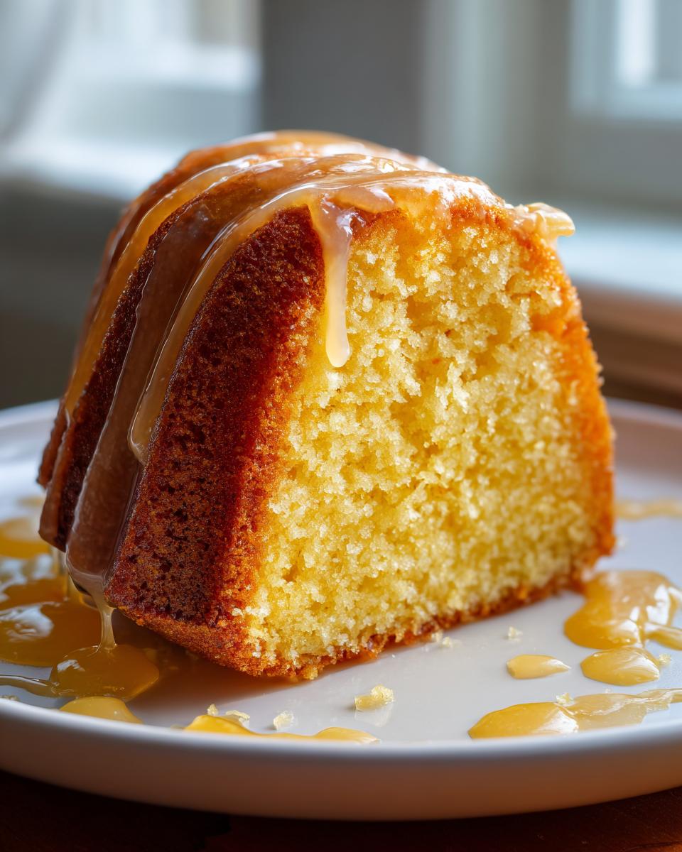 A close-up of a moist slice of Bacardi rum cake drizzled generously with a golden rum glaze.