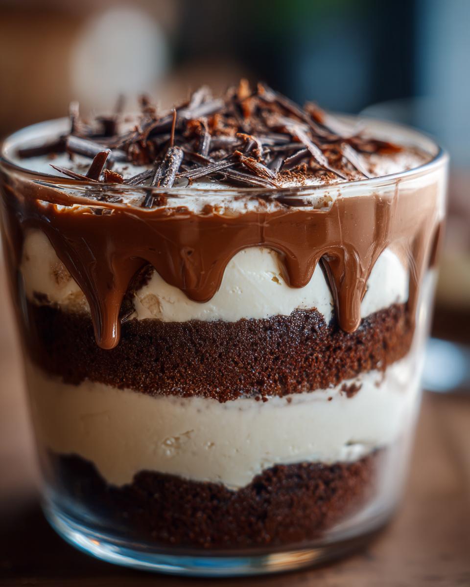 Close-up of a layered Baileys Chocolate Cheesecake Trifle featuring chocolate cake, cream filling, and chocolate drizzle.