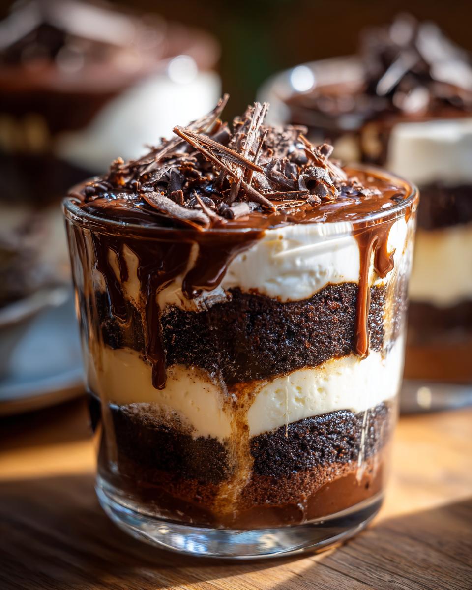 Close-up of a layered Baileys Chocolate Cheesecake Trifle featuring dark cake, cream, chocolate sauce, and shavings.