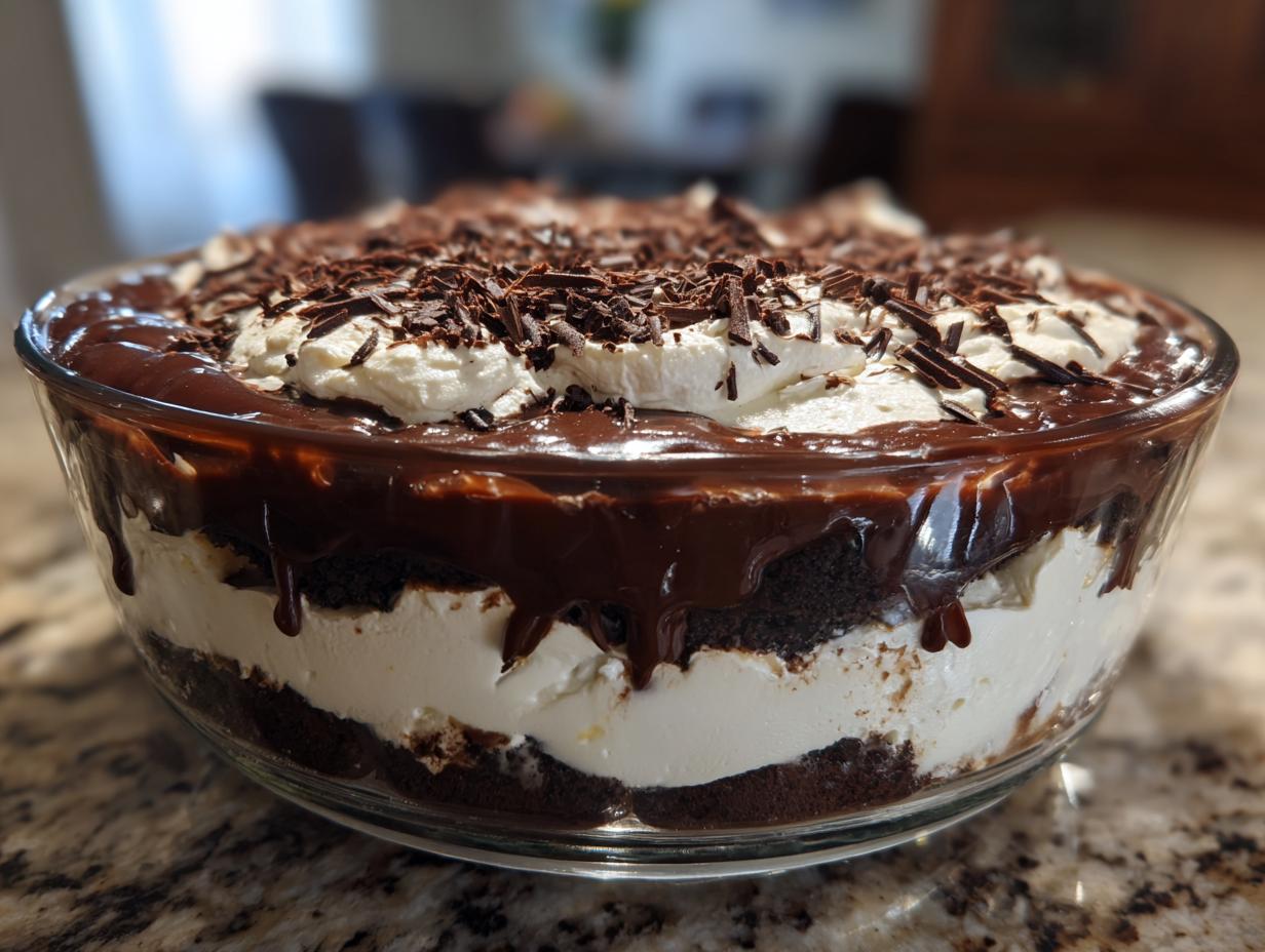Layers of chocolate cake, cream filling, and chocolate ganache topped with whipped cream and shavings in a Baileys Chocolate Cheesecake Trifle.