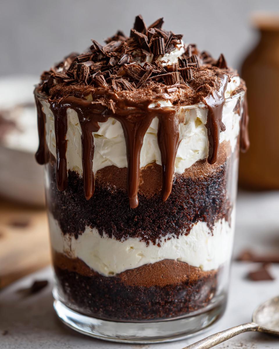 Close-up of a layered Baileys Chocolate Cheesecake Trifle topped with chocolate drizzle and shavings.