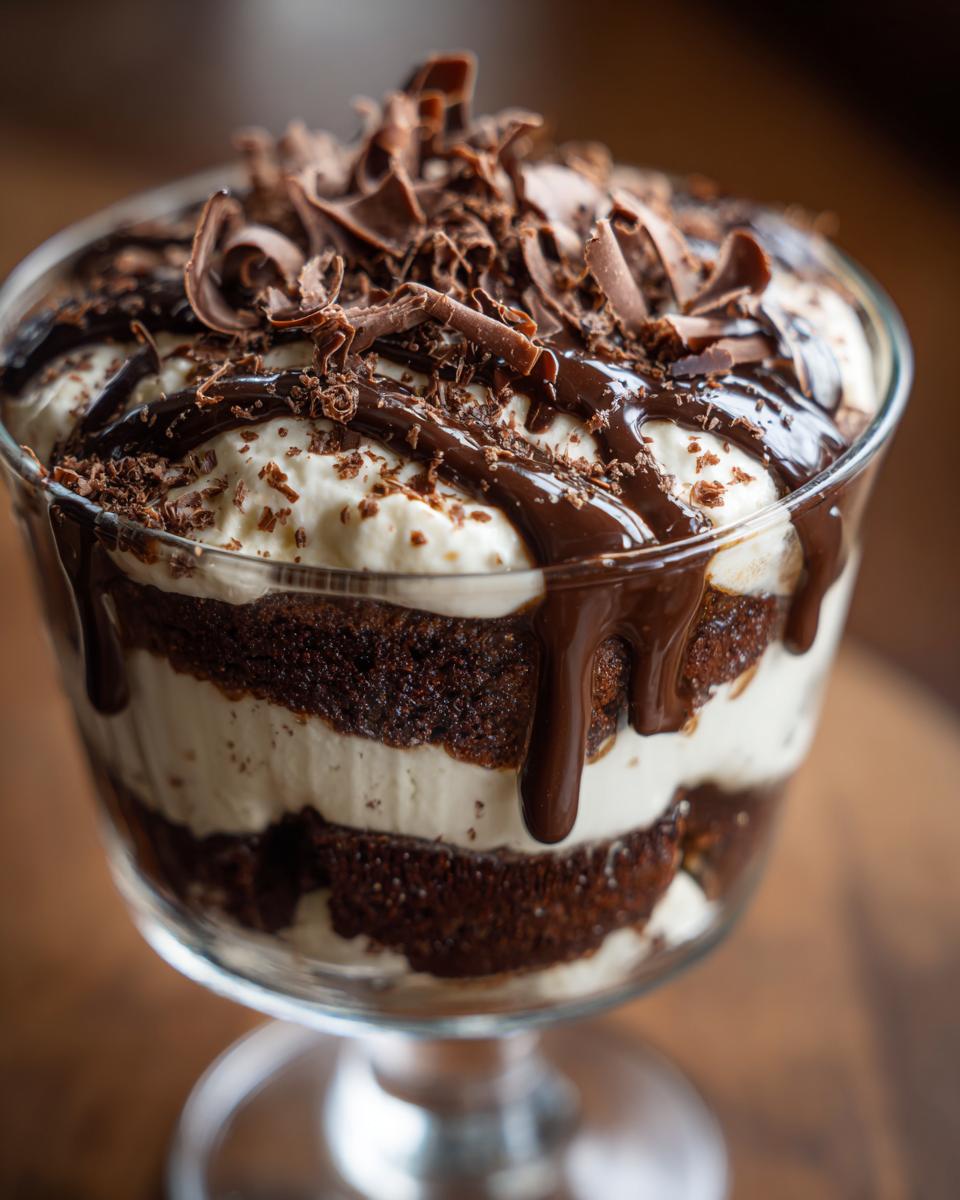 Layers of dark chocolate cake, creamy filling, and chocolate drizzle topped with shavings in a Baileys Chocolate Cheesecake Trifle.