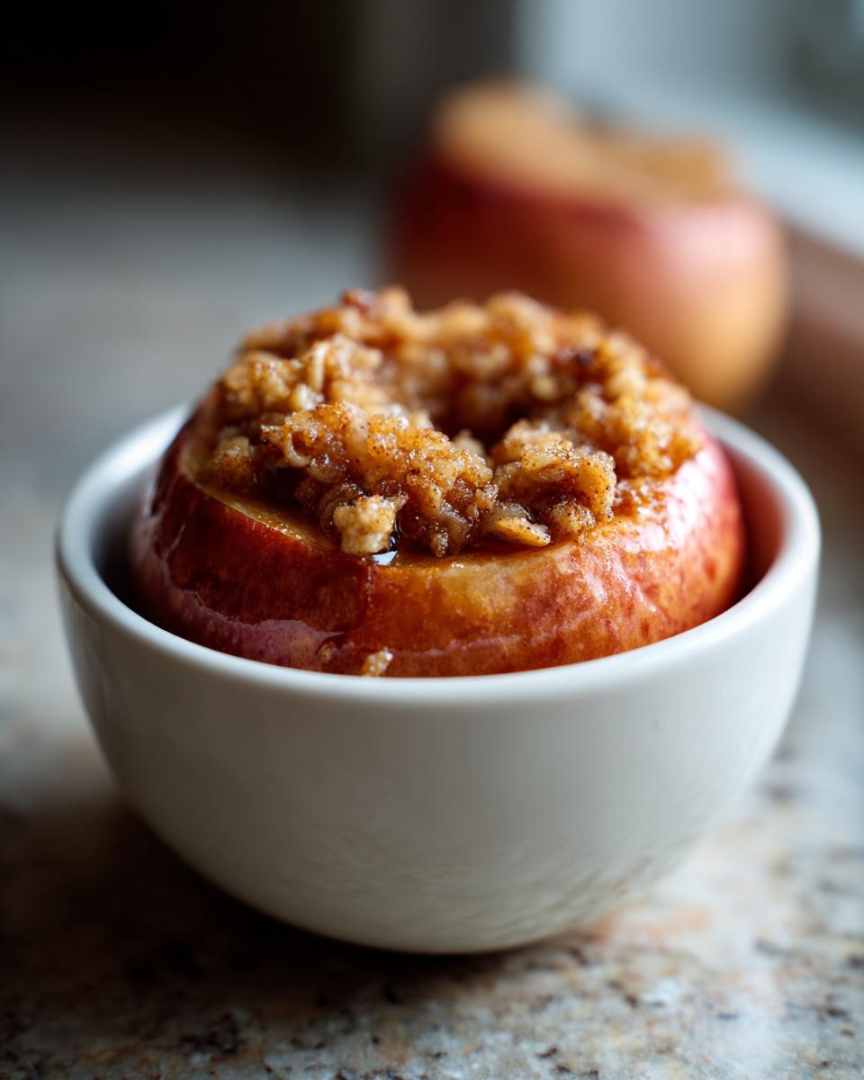 Close-up of a single baked apples dessert, cored and filled with a brown sugar crumble, served in a white bowl.
