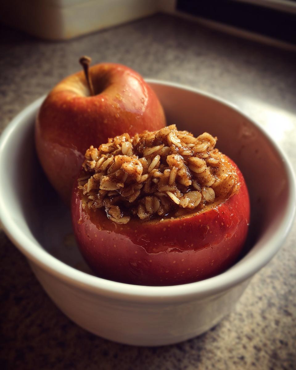 One perfectly baked apples with a brown sugar and oat crumble filling sits next to an unbaked apple in a white bowl.