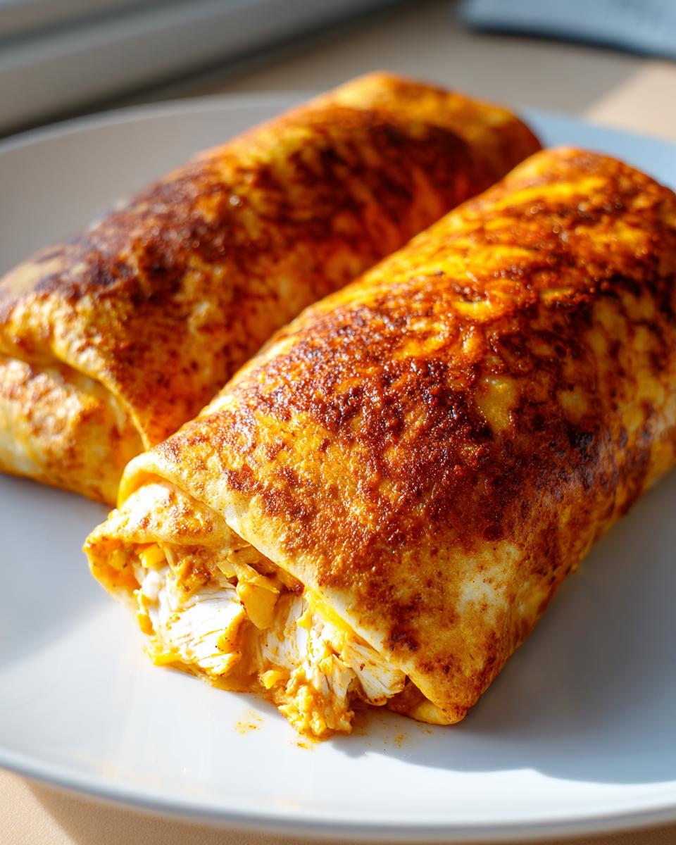 Two golden-brown Baked Chicken Chimichangas, showing shredded chicken filling spilling out slightly.