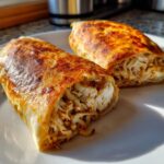 Two golden-brown Baked Chicken Chimichangas, one cut open to show the shredded chicken filling.