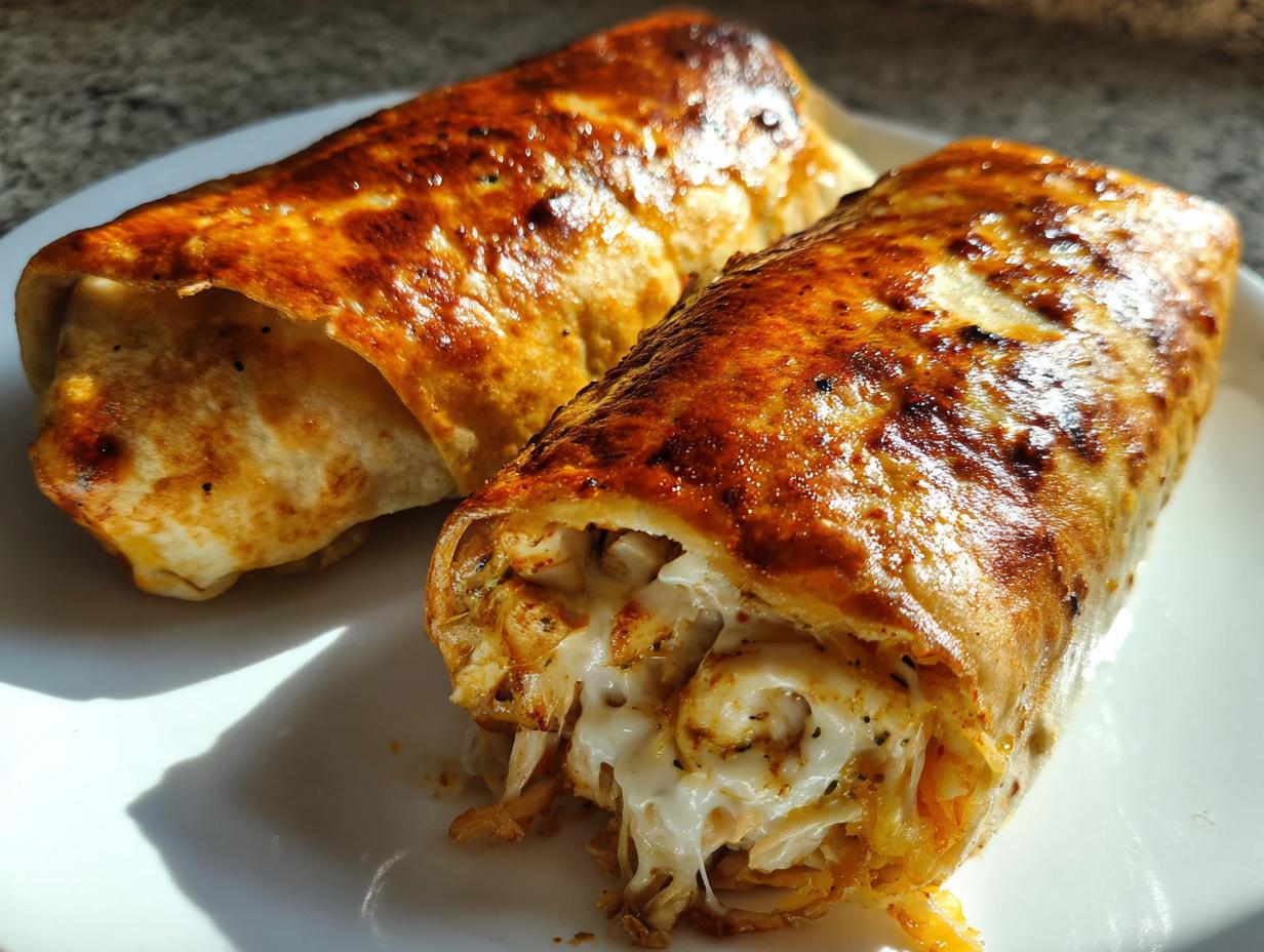 Two golden brown Baked Chicken Chimichangas on a white plate, one cut open showing stringy melted cheese and chicken filling.