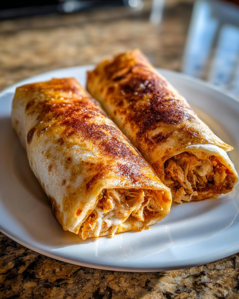 Two golden-brown baked chicken chimichangas filled with shredded chicken and melted cheese, served on a white plate.