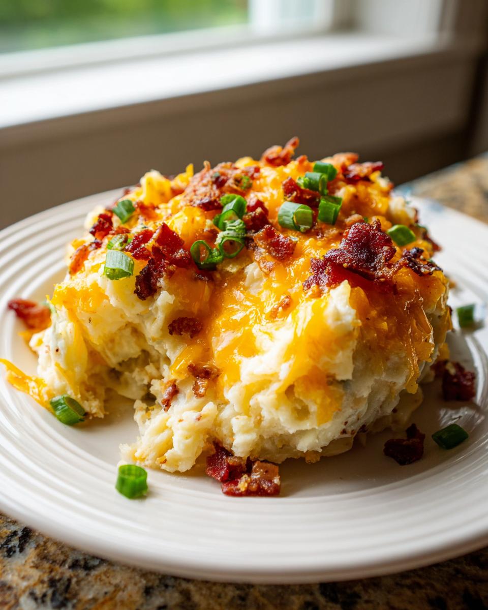 A scoop of creamy baked potato casserole topped with melted cheddar cheese, bacon bits, and green onions.