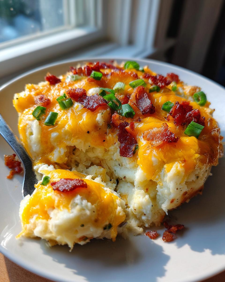 A serving of creamy baked potato casserole topped with melted cheddar cheese, bacon bits, and green onions.