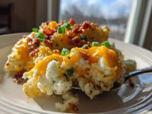 A spoonful being taken from a serving of creamy baked potato casserole topped with melted cheddar and bacon bits.