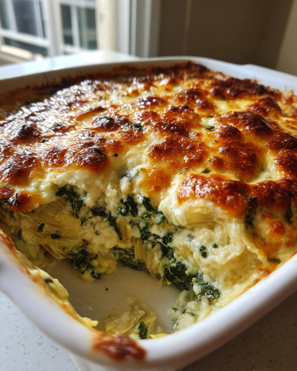 Close-up of a bubbly, baked spinach artichoke dip with a golden-brown cheesy crust in a white baking dish.