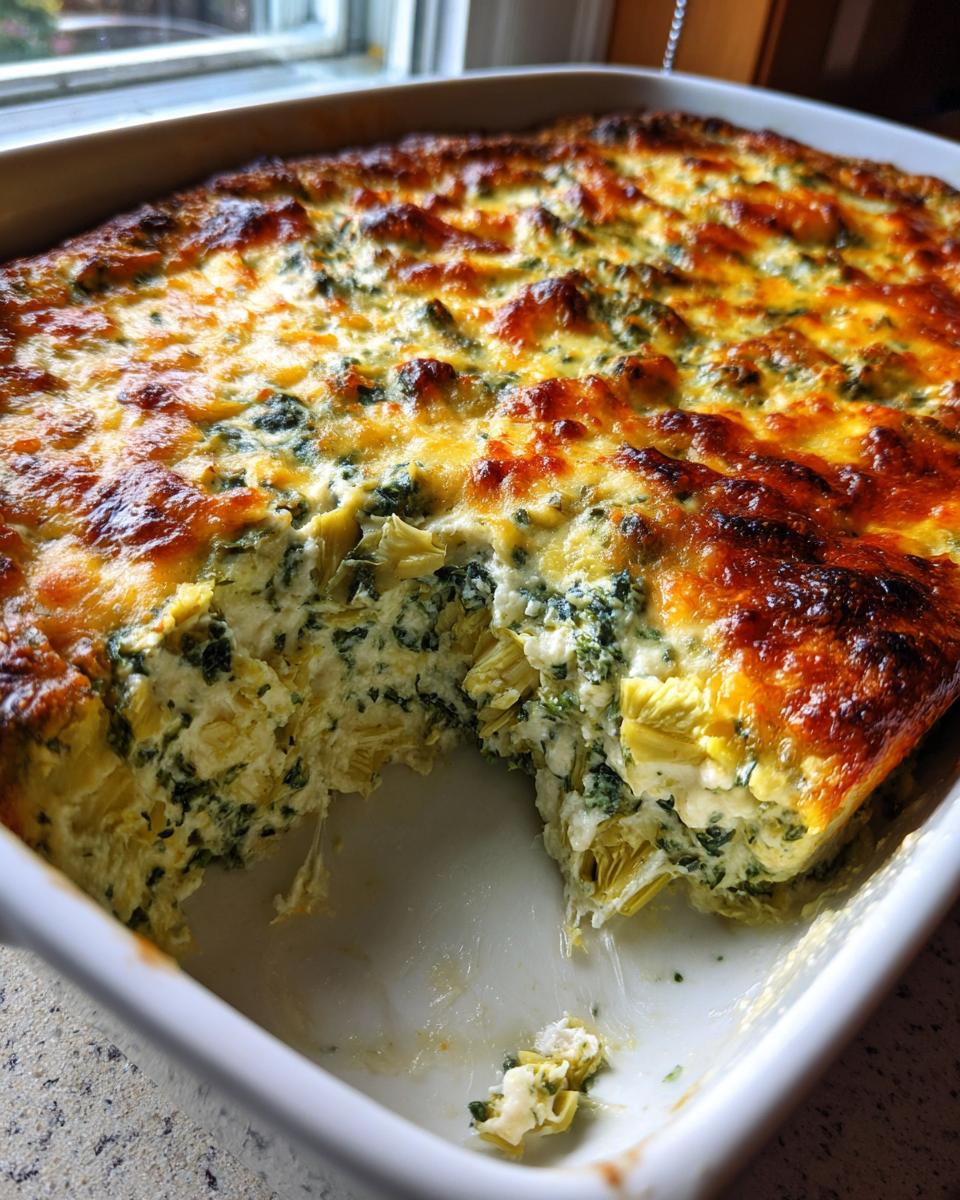 A freshly baked spinach artichoke casserole in a white dish with a deeply browned, cheesy top layer.