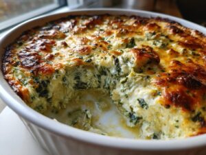 A close-up of a creamy, baked spinach artichoke dip in a white casserole dish with a browned, cheesy top.