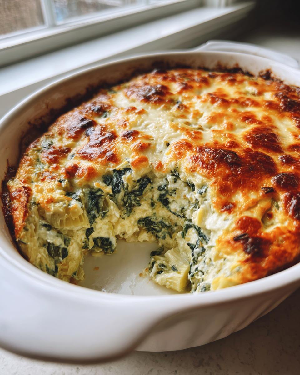 A baked spinach artichoke dip in a white oval dish with a scoop removed, showing the creamy interior and browned cheese topping.