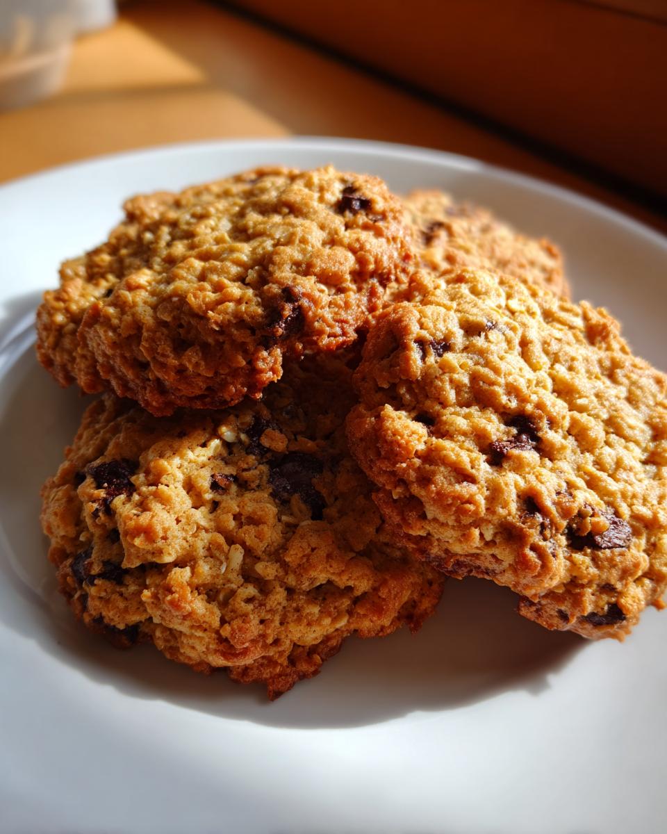 A close-up of several golden brown banana oatmeal cookies with visible chocolate chips piled on a white plate.