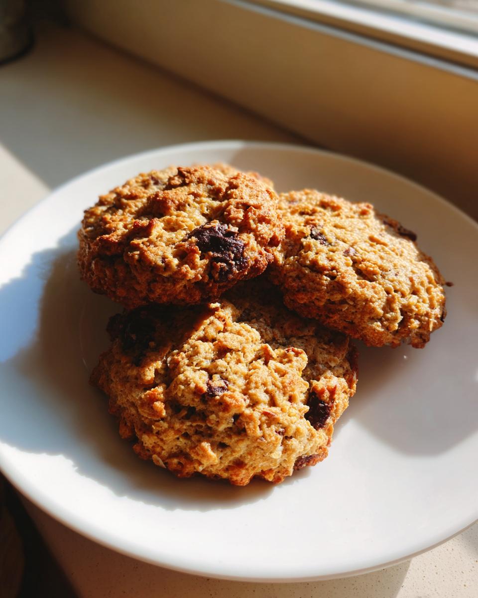 Three freshly baked banana oatmeal cookies with visible chocolate chips resting on a white plate in bright sunlight.