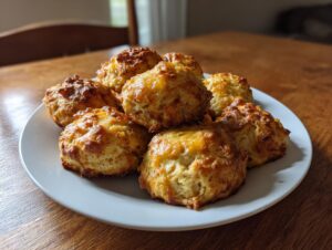 A plate piled high with freshly baked, golden brown bisquick sausage balls featuring a cheesy crust.