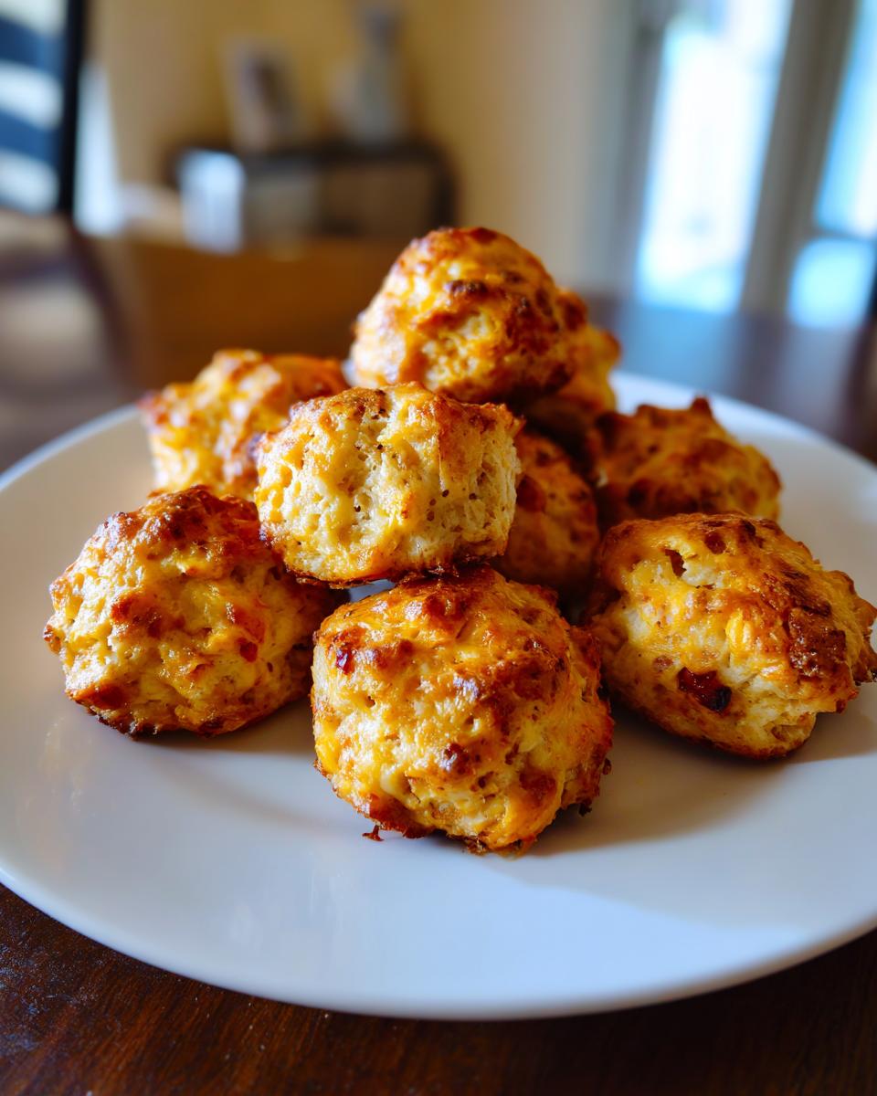 A stack of golden brown, freshly baked bisquick sausage balls piled high on a white plate.