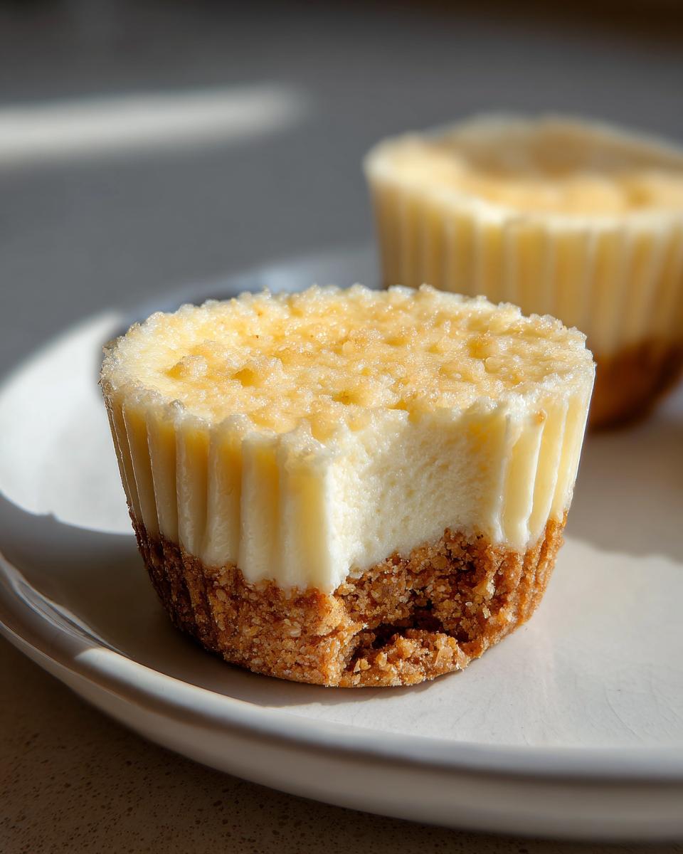 Close-up of a mini cheesecake with a bite taken out, showing the creamy filling and graham cracker crust.