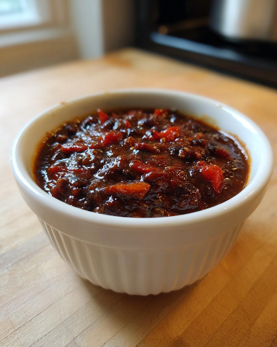 Close-up of a rich, dark topping with visible red pepper pieces, likely used for black bean soup, in a white ramekin.