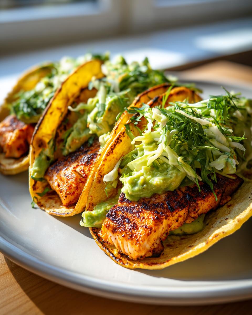 Three blackened salmon tacos filled with avocado spread, cabbage slaw, and fresh herbs on a white plate.