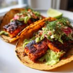Two blackened salmon tacos on a white plate, topped with avocado crema, slaw, and fresh dill.