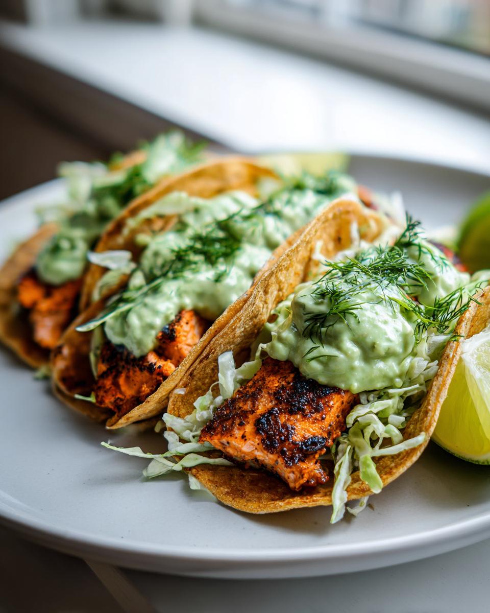 Close-up of three blackened salmon tacos topped with shredded cabbage, creamy avocado sauce, and fresh dill.