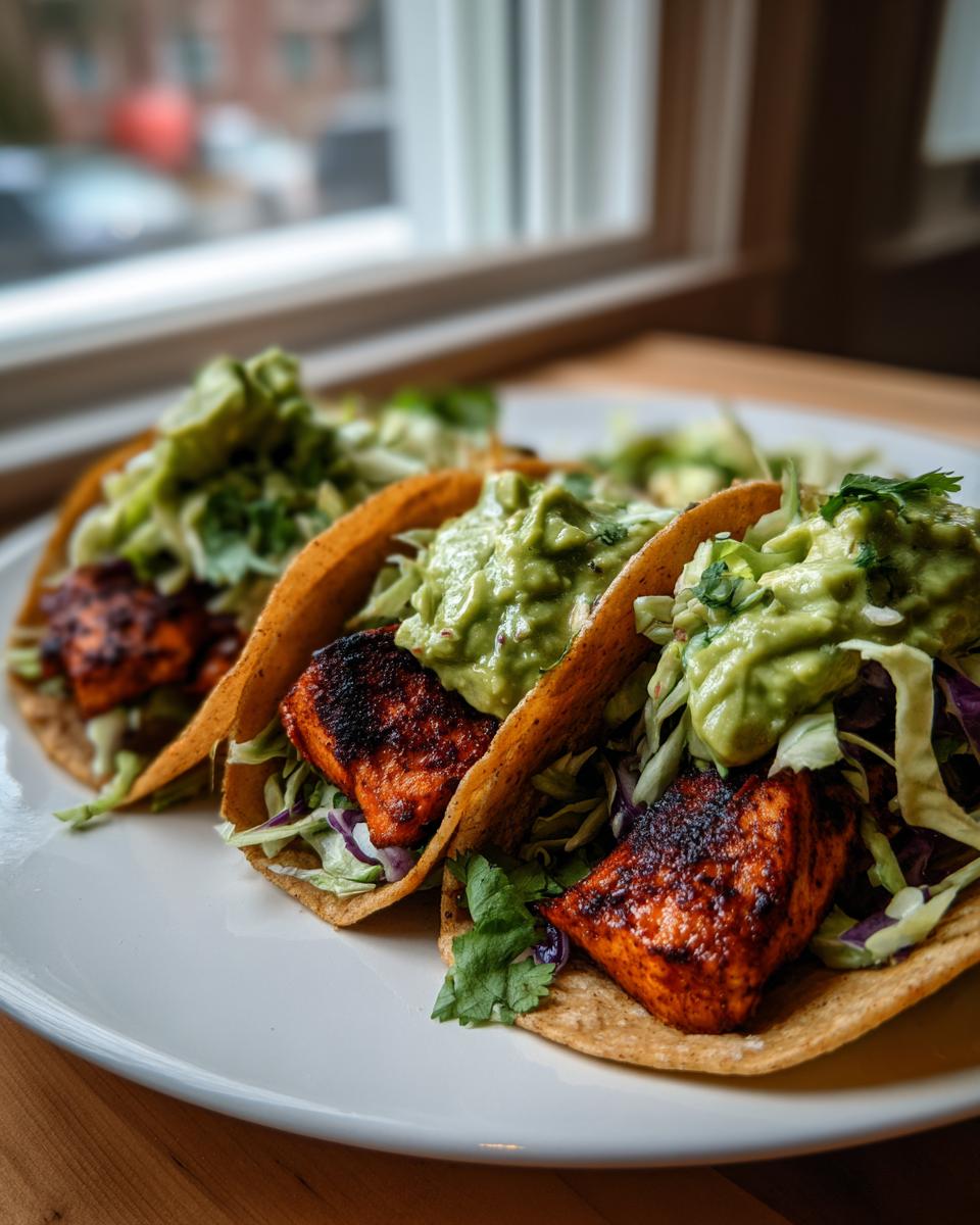 Three blackened salmon tacos filled with slaw and topped generously with creamy guacamole.