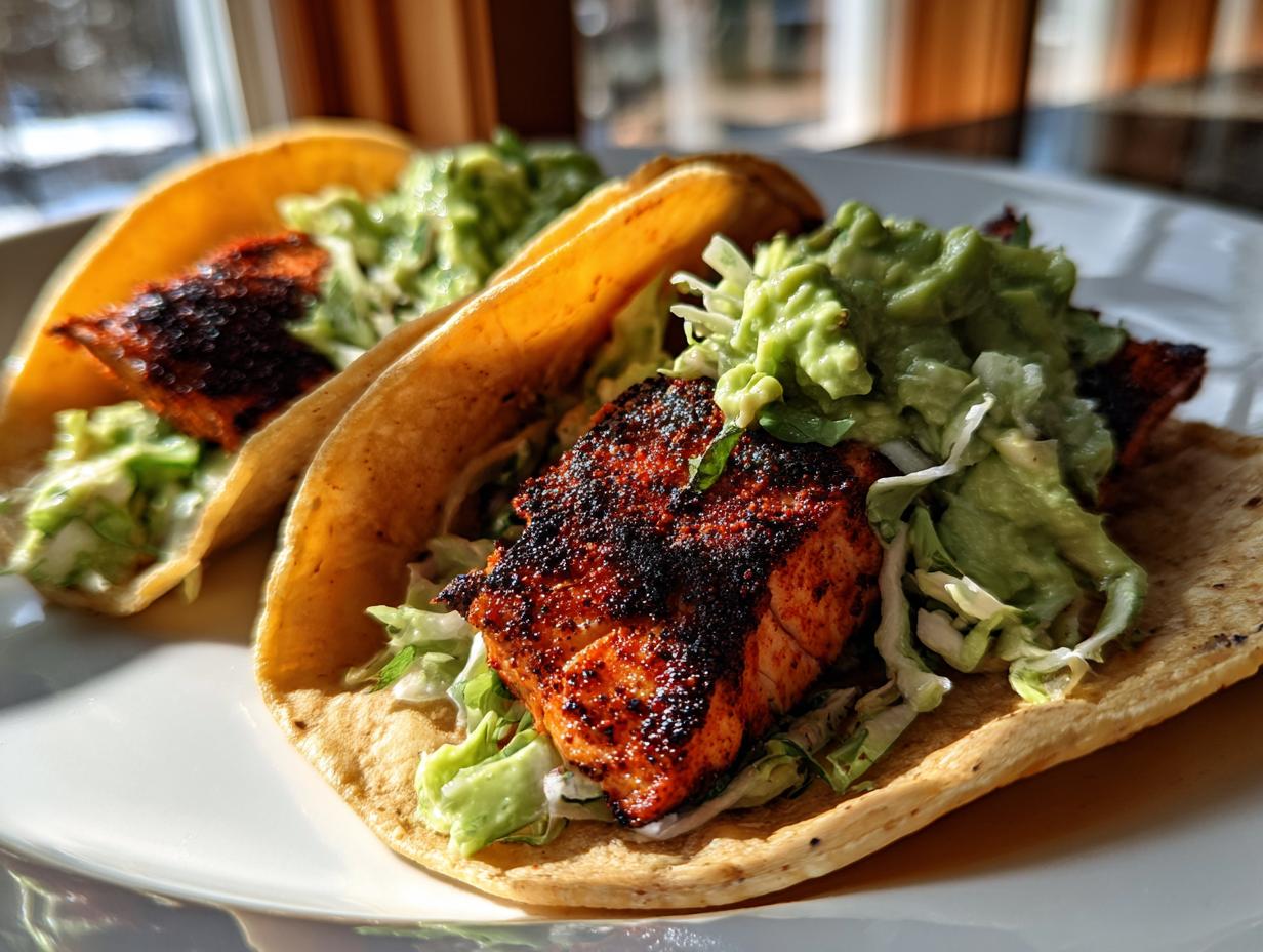 Two blackened salmon tacos filled with shredded lettuce and topped generously with chunky guacamole on a white plate.