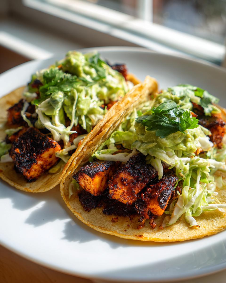 Two blackened salmon tacos loaded with shredded cabbage, guacamole, and cilantro on a white plate.